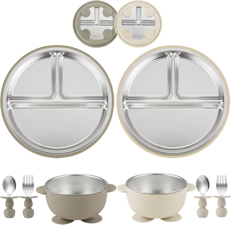 PandaEar 8PCS Baby Feeding Set | Stainless Steel Suction Plates and Bowls with Silicone Fork and Spoon Utensils | Baby Led Weaning Tableware for Toddlers & Kids (Tan & Walnut) - Image 1